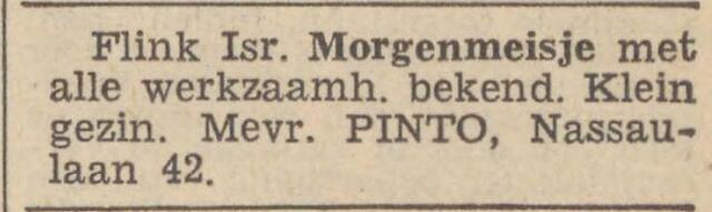 Nieuwsblad van het Noorden, 1 mei 1941, dag, pag. 8. Adv. Martha Pinto-Gerson.