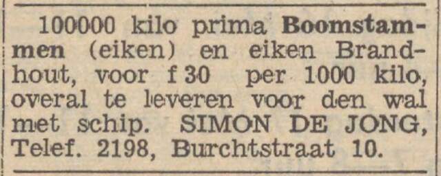 Nieuwsblad van het Noorden, 24 mei 1941, dag, pag. 8. Adv. Simon de Jongh.