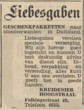 Nieuwsblad van het Noorden, 24 november 1939, pag. 16. Adv. A. Hoogstraal.