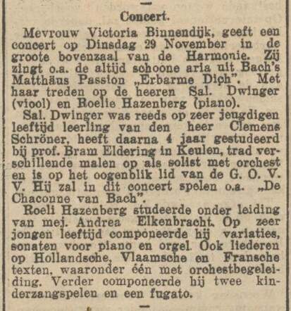 Nieuwsblad van het Noorden, 28 november 1927, dag, pag. 2. Concert Salomon (Sal) Dwinger.