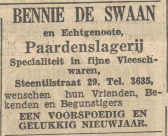 Nieuwsblad van het Noorden, 30 december 1939, dag, pag. 30. Adv. Benjamin (Bennie) de Swaan.