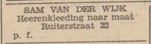 Nieuwsblad van het Noorden, 31 december 1937, dag, pag. 30. Adv. Samuel van der Wijk.