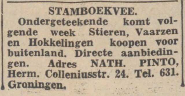 Nieuwsblad van het Noorden, 3 maart 1937, dag, pag. 8. Adv. Nathan Pinto.