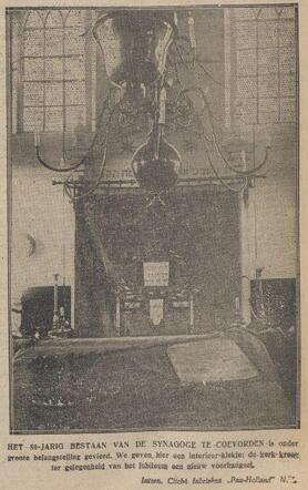 Nieuwsblad van het Noorden, 3 oktober 1929, foto interieur synagoge van Coevorden.