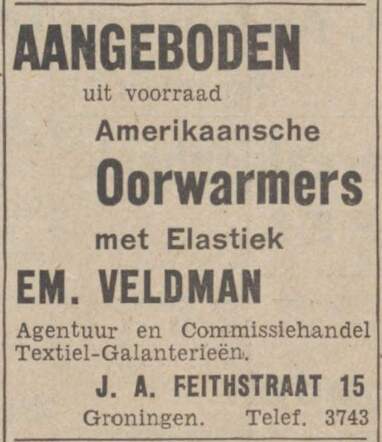 Nieuwsblad van het Noorden, 4 januari 1941, dag, pag. 12. Adv. Emanuel Veldman.