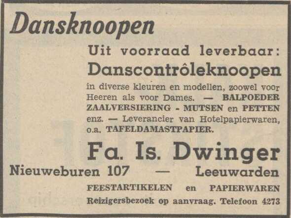 Nieuwsblad van het Noorden, 5 april 1941, dag,  pag. 11. Adv. Isaak Dwinger.
