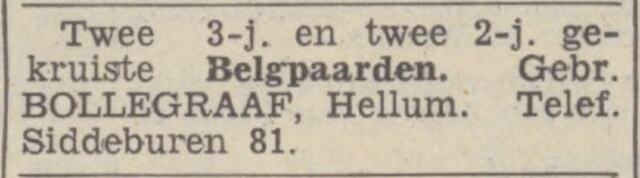 Nieuwsblad van het Noorden 5 juni 1940, dag, pag. 8. Adv. Gebr.  Bollegraaf.