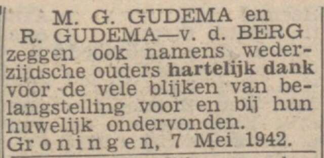 Nieuwsblad van het Noorden 8 mei 1942, dag, pag. 4. Dankadv. echtpaar M.G. Gudema-van den Berg.