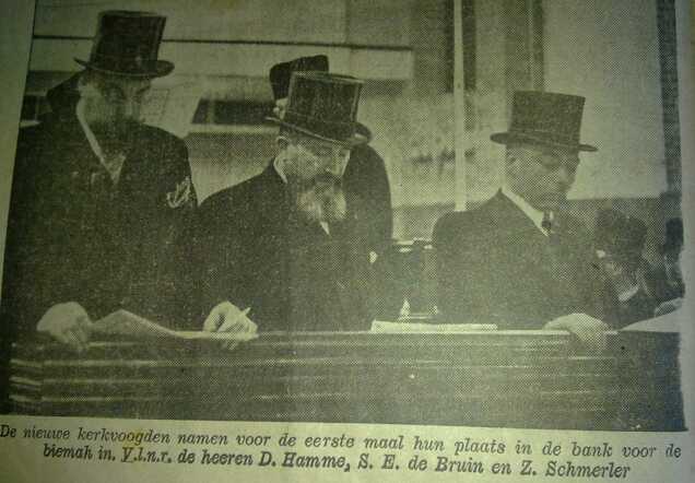 NIW inwijding Bezuidenhoutsynagoge Den Haag kerkvoogden D. Hamme, S.E. de Bruin, Z. Schmerler 21 januari 1938