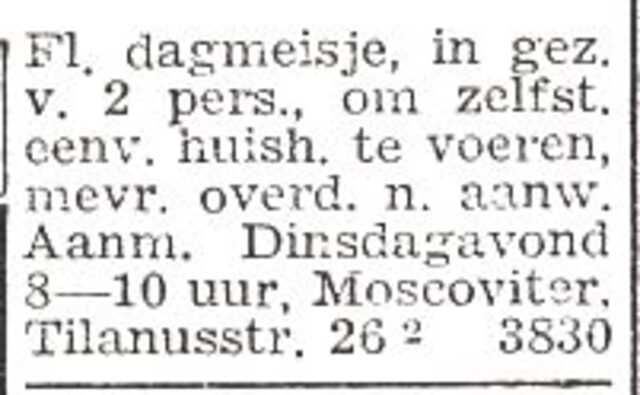 Advertentie van het echtpaar Nathan Moscoviter