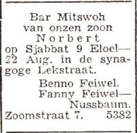 Aankondiging van de bar mitswa van Norbert Feiwel