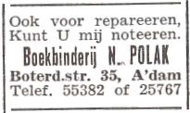 Advertentie van boekbinder Nathan Polak