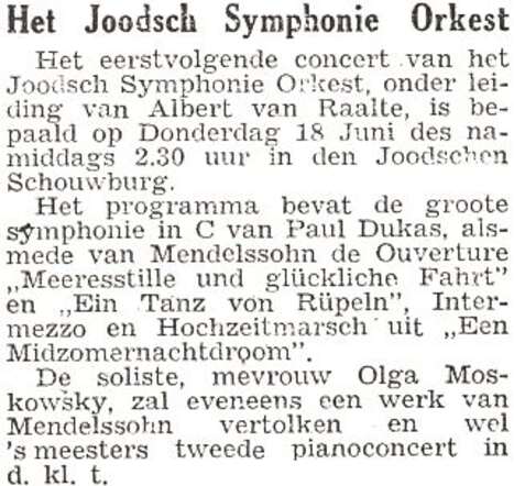 Aankondiging van een optreden van pianiste Olga Moskowsky-Elias