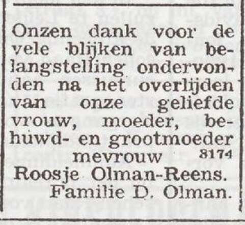 Dankbetuiging van de familie Olman