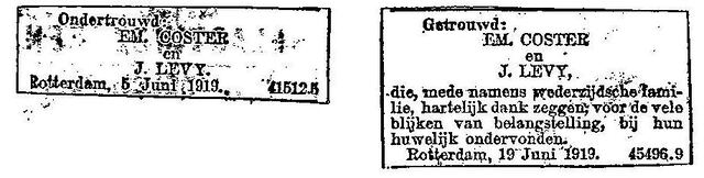 Ondertrouw en huwelijk Emanuel Coster en Judith Levy (gescheiden in 1926)