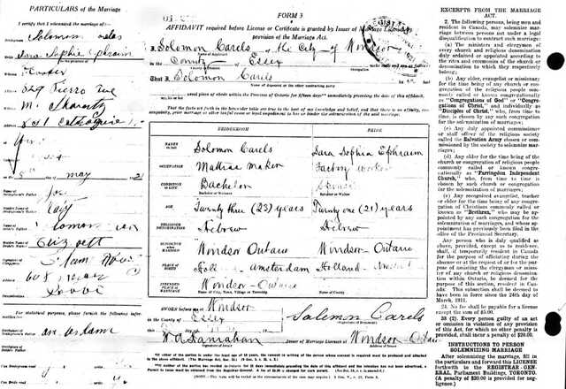 Ontario, Canada Marriages, 1801-1928 about Sara Sophie Ephraim