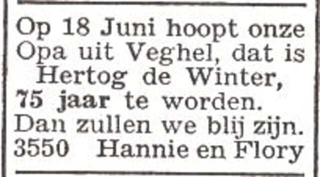 Aankondiging van de 75ste verjaardag van opa Hertog de Winter