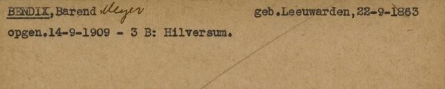 Opnamekaart Barend Meijer Bendix