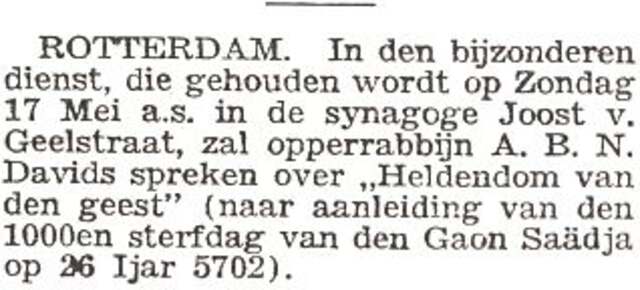 Toespraak opperrabbijn A.B.N. Davids