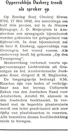 Aankondiging van een toespraak van opperrabbijn Simon Dasberg
