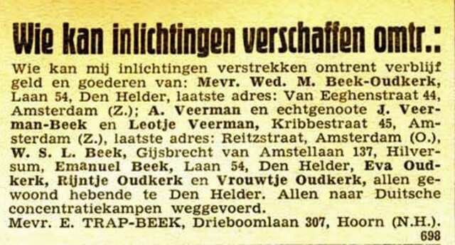 Oproep voor de families Beek en Oudkerk in het Nieuw Israëlitisch Weekblad, 1945