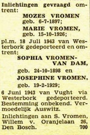 Oproep voor de familie Vromen in het NIW