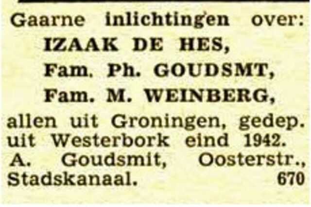 Oproep voor de families De Hes, Goudsmit en Weinberg