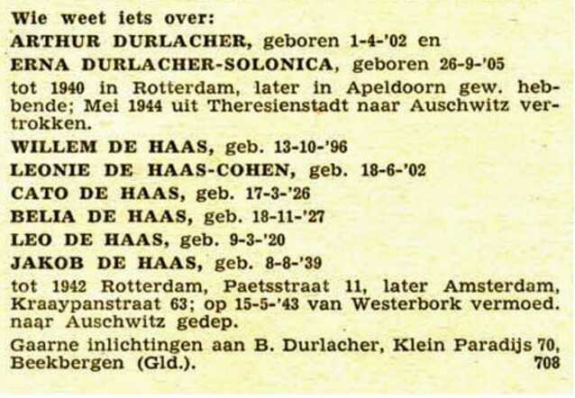 Oproep voor de families Durlacher en De Haas in het NIW, 1945