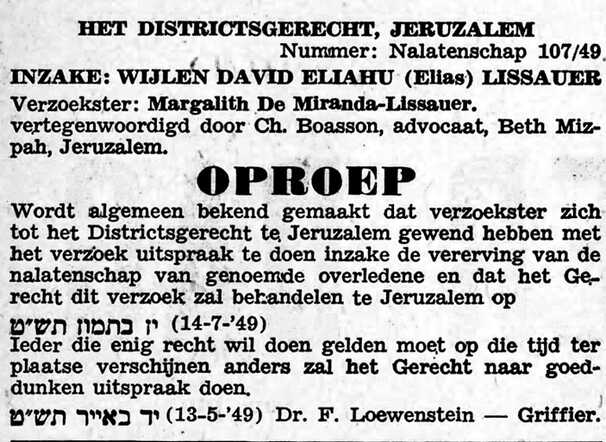 Oproep voor erfgenamen van David Elias Lissauer in het NIW