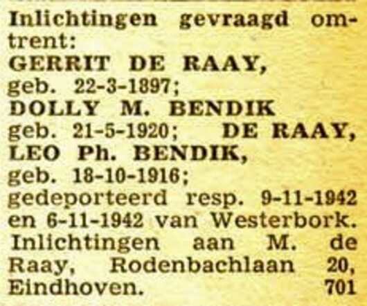 Oproep voor families De Raaij en Bendik