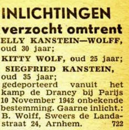 Oproep voor het echtpaar Kanstein en Kitty Wolf in het NIW