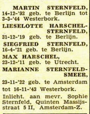 Oproep voor de familie Sternfeld in het NIW