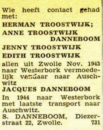 Oproep voor de families Troostwijk en Danneboom in het NIW