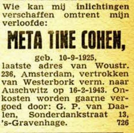 Oproep voor Meta Tine Cohen in het NIW