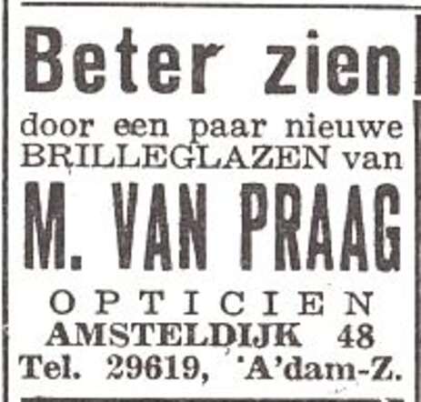 Advertentie van opticien Maurits van Praag
