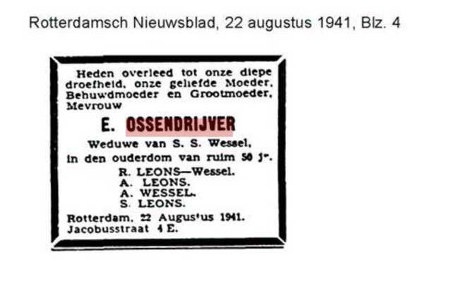 Overlijden mevrouw Ossendrijver-Wessel