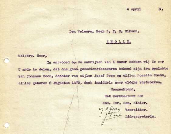 Over Johanna Beem opperrabbijn aan Hirsch 4-4-1938