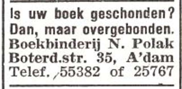 Advertentie van boekbinder Nathan Polak