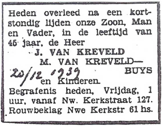 Overlijdensadvertentie van de echtgenoot van Marianne van Kreveld-Buijs