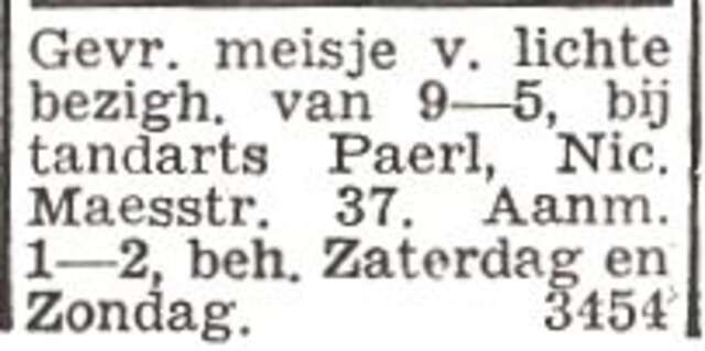Advertentie van tandarts Barend Lion Paerl