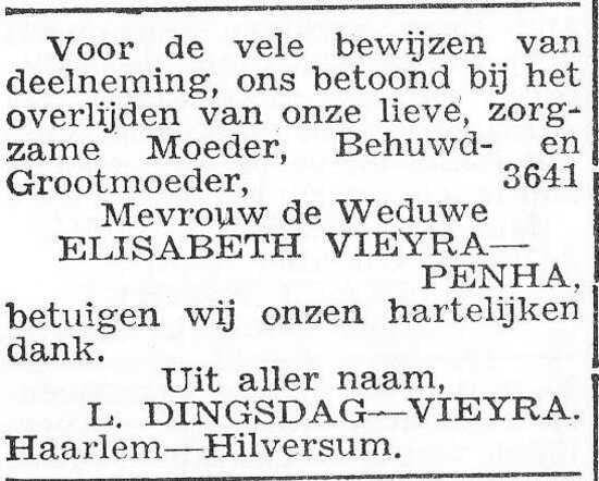 Dankbetuiging van de familie Dingsdag-Vieyra