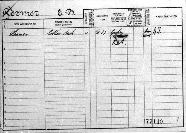 Persoonskaart Esther Beile Hermer (voorkant)