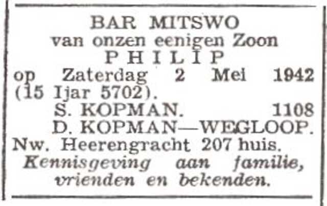 Aankondiging van de bar mitswa van Philip Kopman