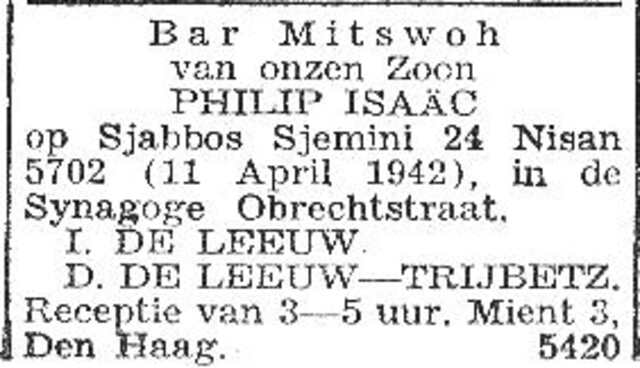 Aankondiging van de bar mitswa van Philip Isaäc de Leeuw