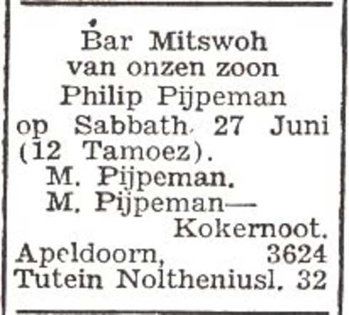 Aankondiging van de bar mitswa van Philip Pijpeman