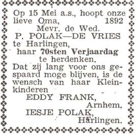 Aankondiging van de viering van de 70ste verjaardag van mw. Pietje Polak-de Vries