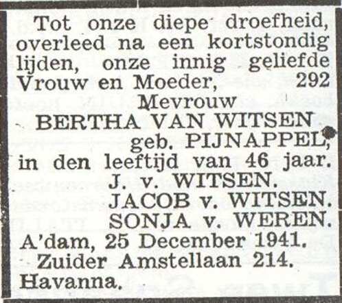 Overlijdensadvertentie Bertha van Witsen-Pijnappel