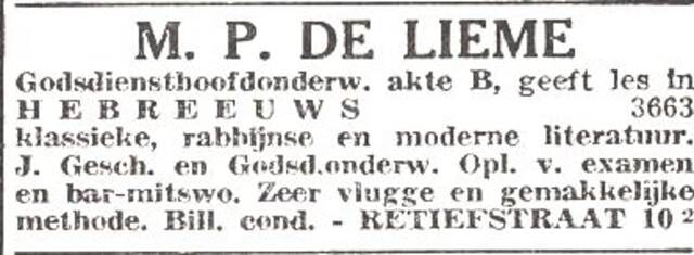 Advertentie van godsdienstleraar Mozes Pinchas de Lieme