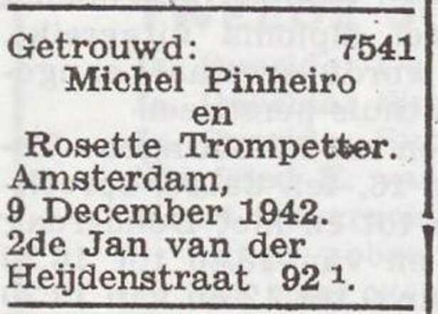 Bekendmaking van het huwelijk van Rosette Trompetter en Michel Pinheiro