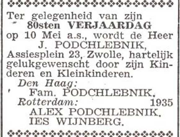 Gelukwens voor de 80ste verjaardag van Jakob Podchlebnik